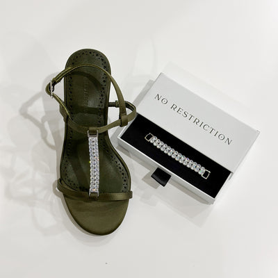 Moss green strappy heels with rhinestones for wide feet No Restriction