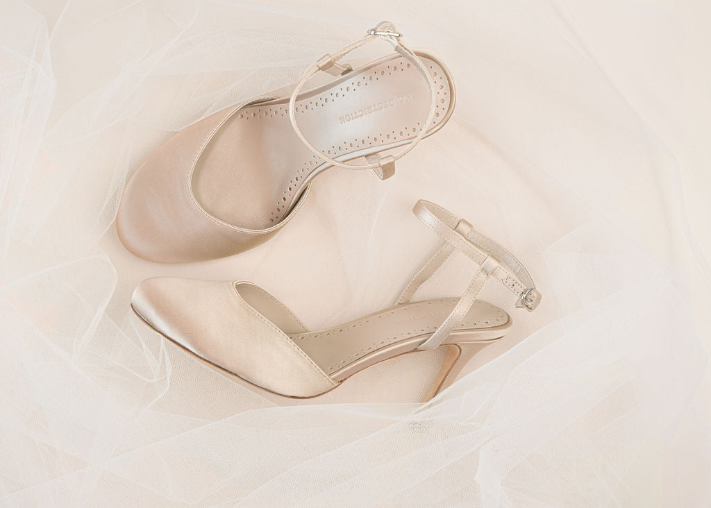 Champagne Satin pump with ankle strap for wide feet No Restriction